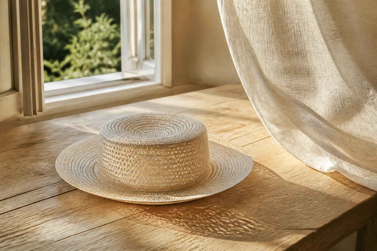 Chapeau panama en paille claire posé sur une table en bois près d’une fenêtre