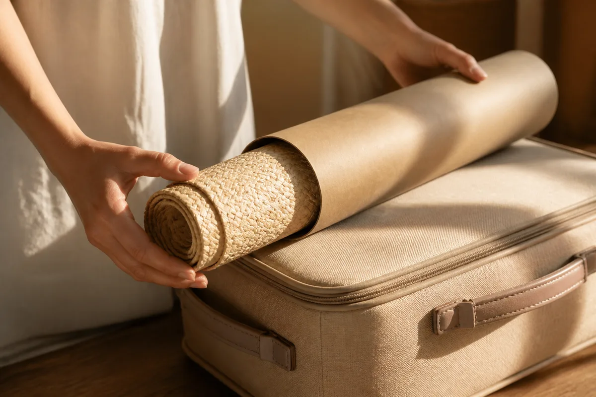 Chapeau de paille claire enroulé dans un étui tubulaire posé sur une valise en toile