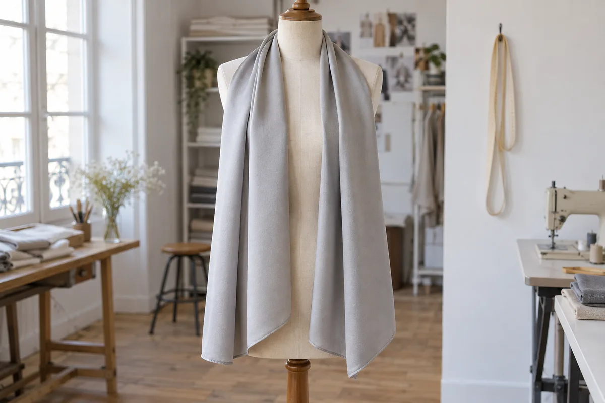 Étole de cérémonie en soie claire drapée sur les épaules d&rsquo;un mannequin de couture