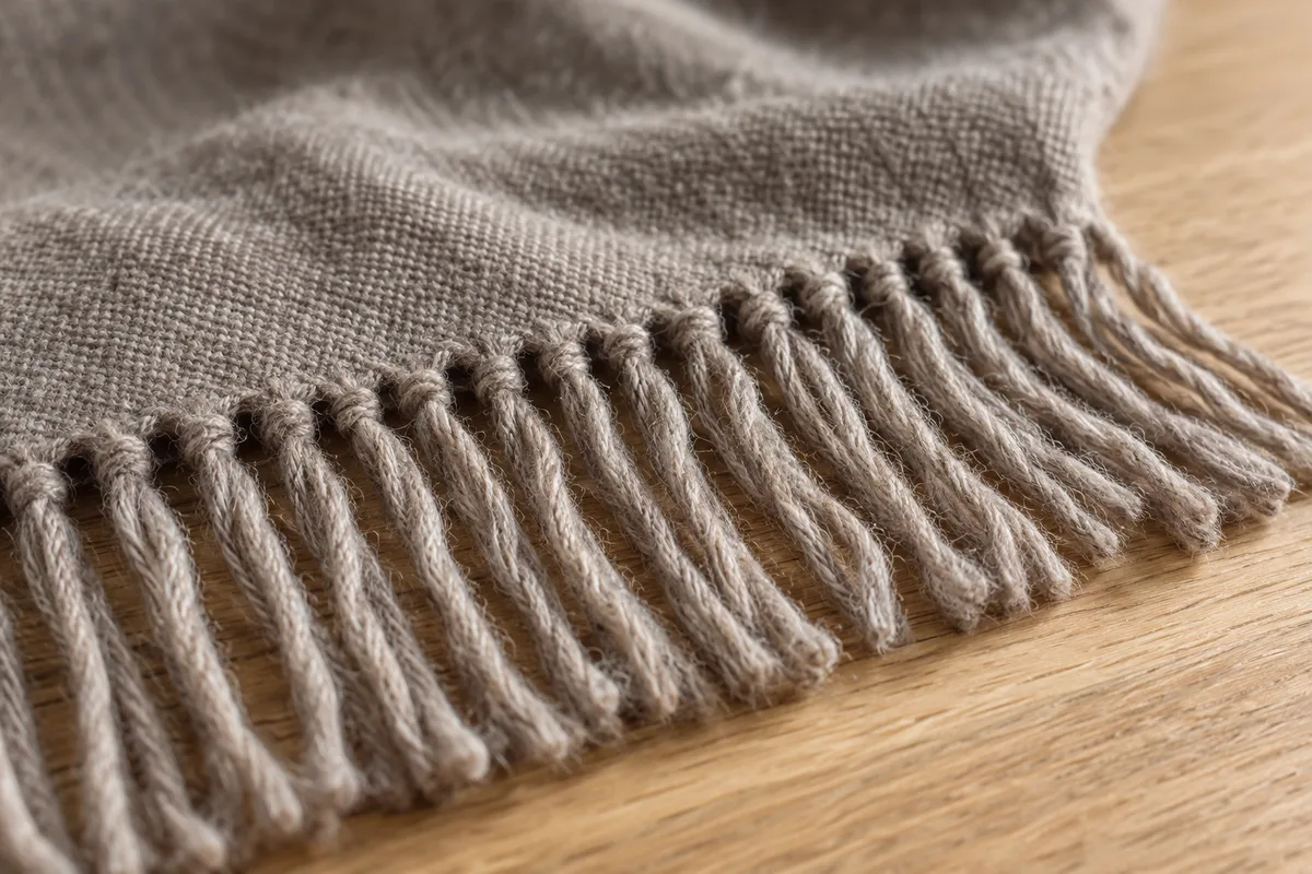 Détail de la frange et du tissage serré d&rsquo;une étole en laine fine