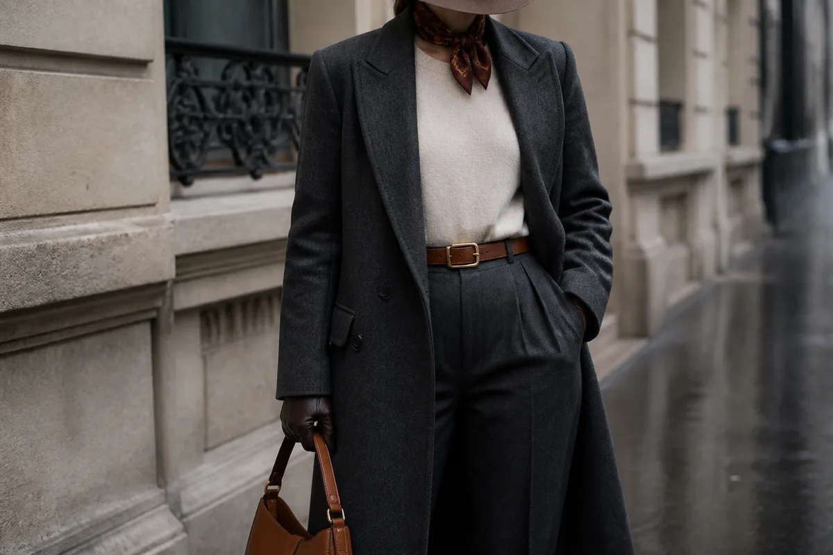 Manteau droit gris, fedora en feutre acajou et carré de soie, cadrage du menton aux genoux