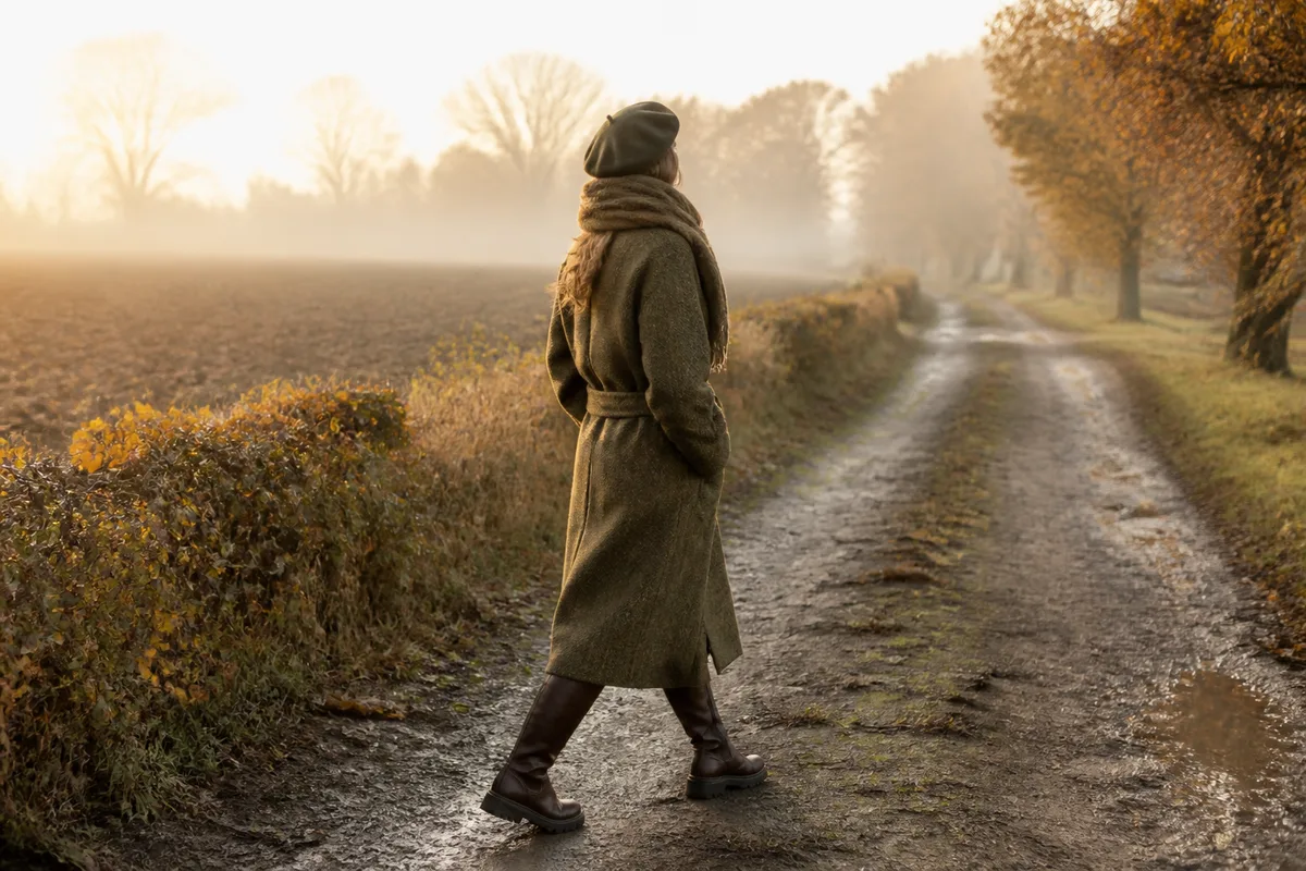 Manteau en laine chinée olive et béret, marche sur un chemin de campagne