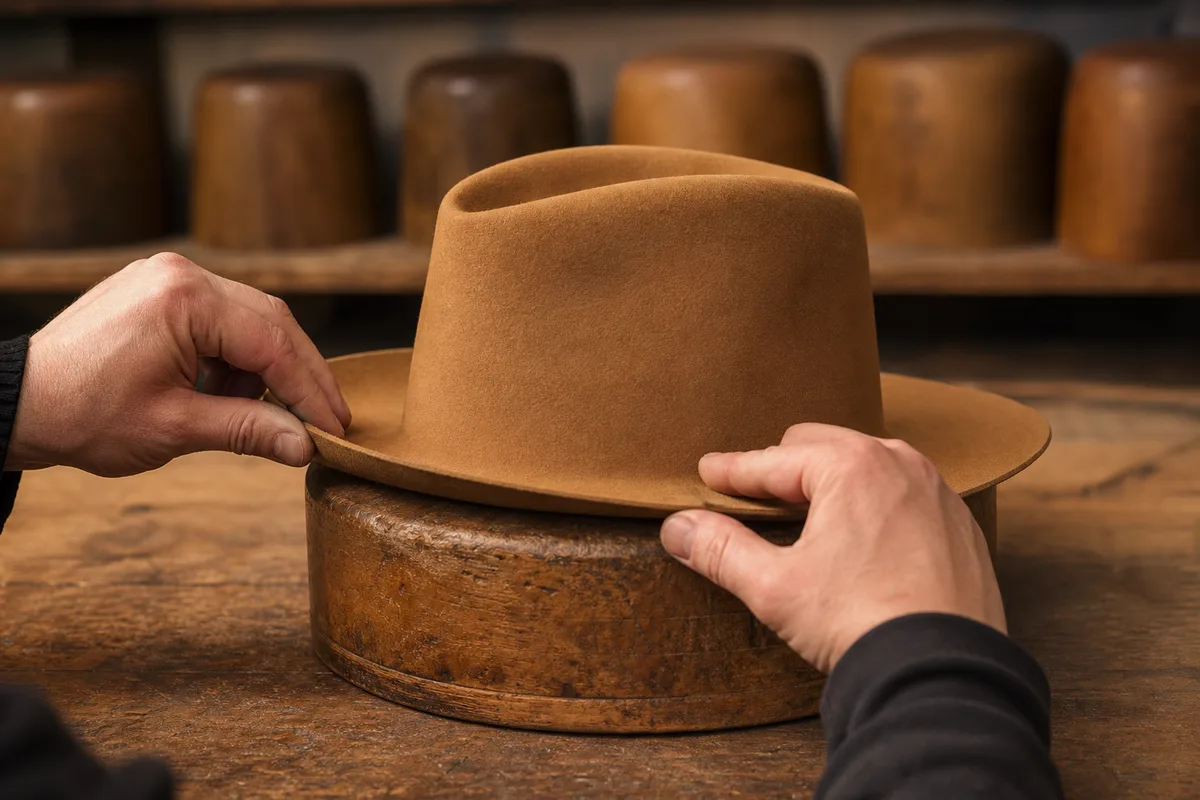 Chapeau en feutre posé sur une forme en bois de chapelier dans un atelier