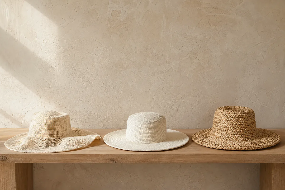 Trois chapeaux en paille toquilla, sisal et raphia alignés sur une étagère en bois