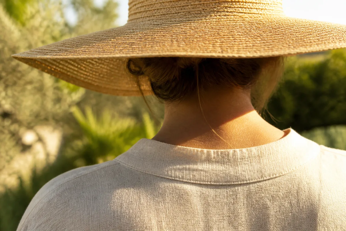 Chapeau à large bord vu de dos sur une personne dans un jardin ensoleillé