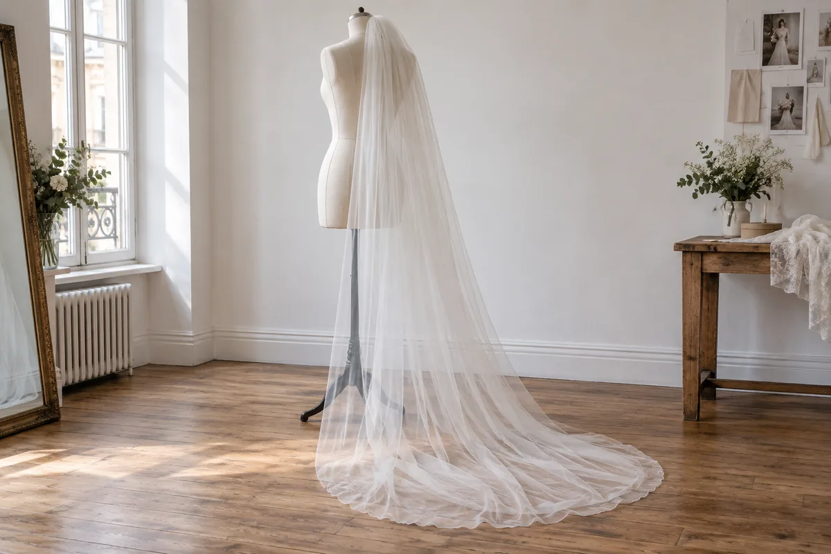 Long voile en tulle posé sur un mannequin de couture dans un atelier clair