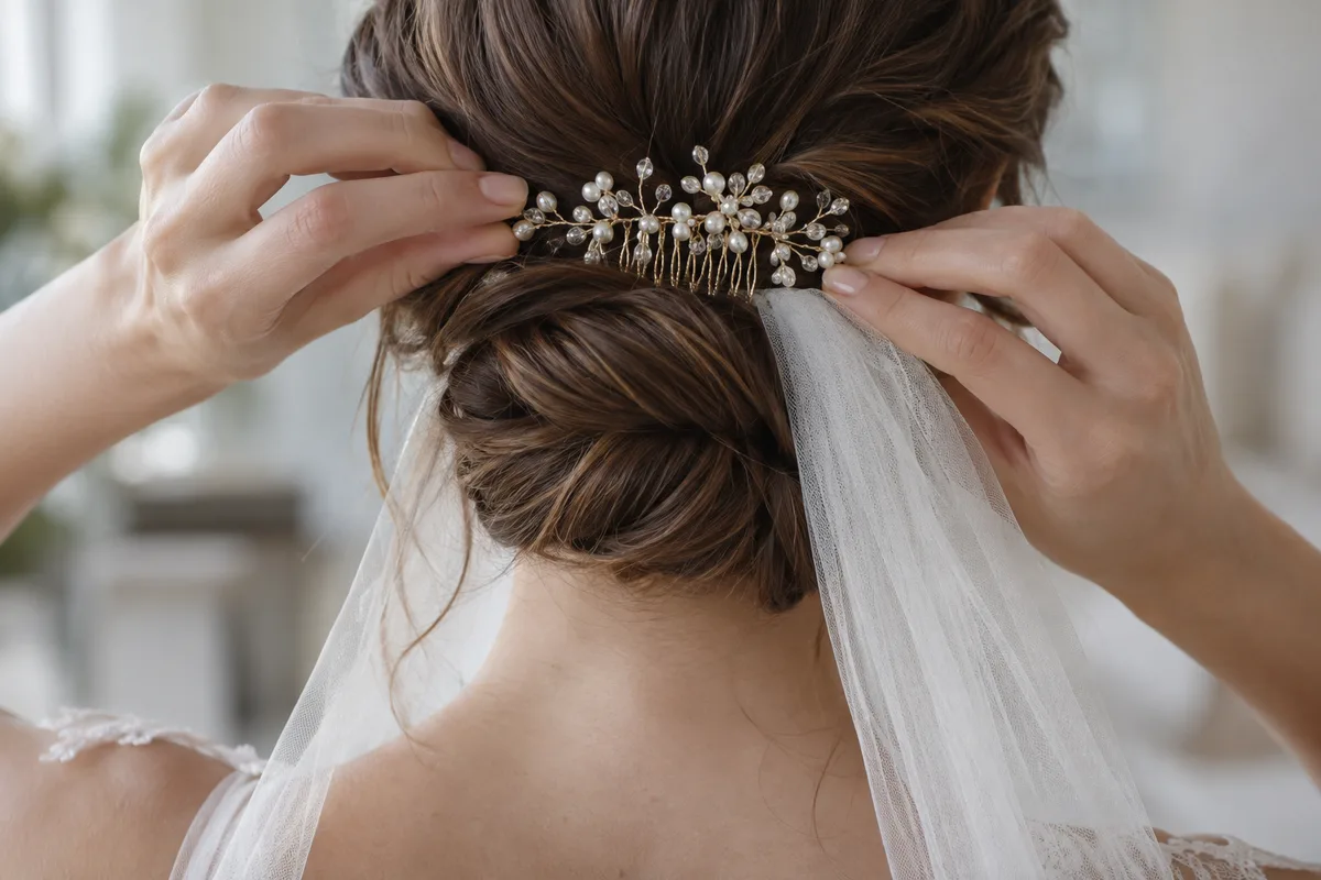 Mains fixant un peigne de voile dans un chignon bas