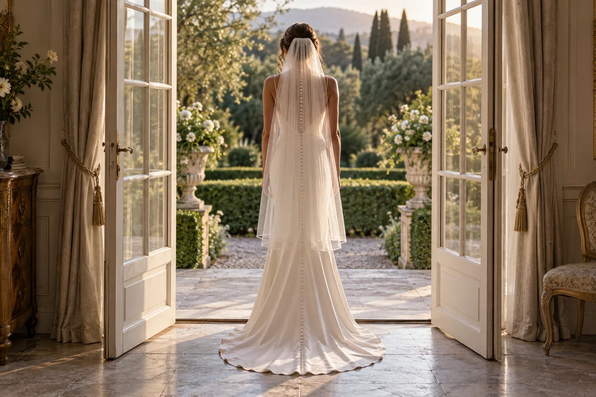 Silhouette de dos, voile long retombant sur une robe boutonnée